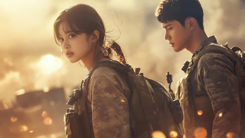 Cinematic duo of soldiers in golden-hour battlefield tableau.