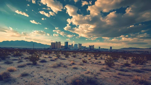 Desert foreground framing distant modern city skyline.