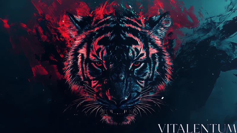 Neon-lit tiger head emerges from abstract cosmic shadows