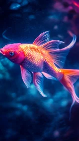 Vibrant neon goldfish glides through deep blue water