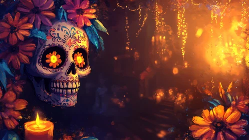 Calavera portrait with marigolds in candlelit altar glow.