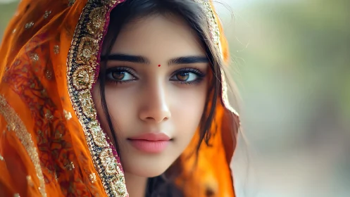 Portrait of a Woman in Ornate Orange Sari, Soft Focus Style.