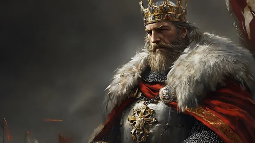 Stoic medieval king in crimson and fur regalia portrait.