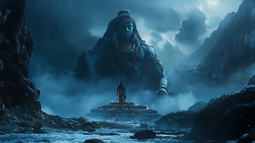 Colossal Shiva statue towers above lone pilgrim in misty mountains.