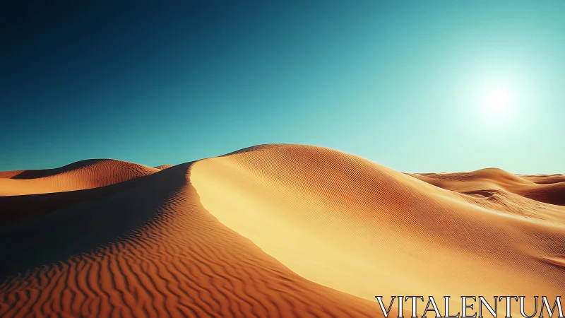 Sunlit desert dunes with sculpted ridges and cyan sky.