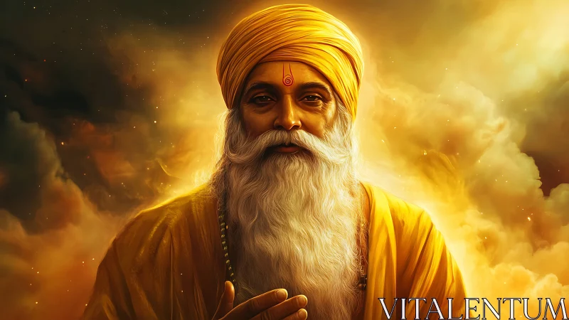 Elderly bearded man in saffron robes amid glowing clouds.