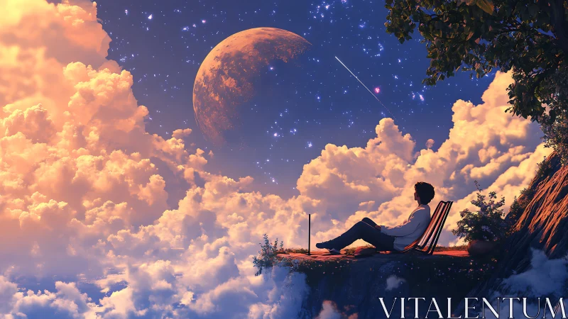 Solitary dreamer on cliff edge beneath nebula sky and moon