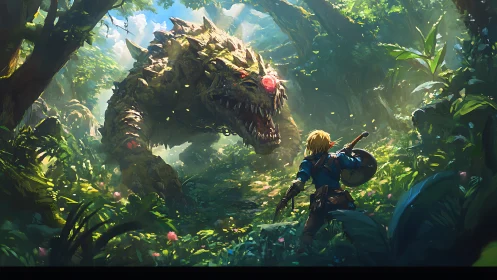 Hero confronts colossal forest beast under fractured light.