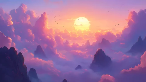 Sunset above cloud-layered peaks in soft pastel light.