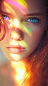 Photorealistic close-up portrait with prismatic light overlay.