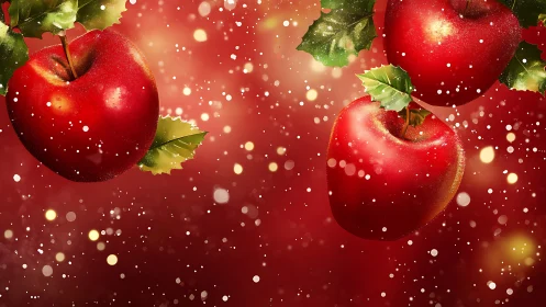 Sparkling ruby apples drift through festive crimson snow.