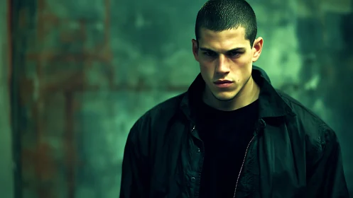 Moody young man stands against blurred green concrete wall