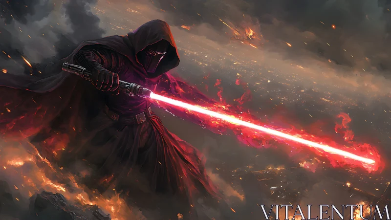 Hooded warrior wields glowing red energy blade in battle