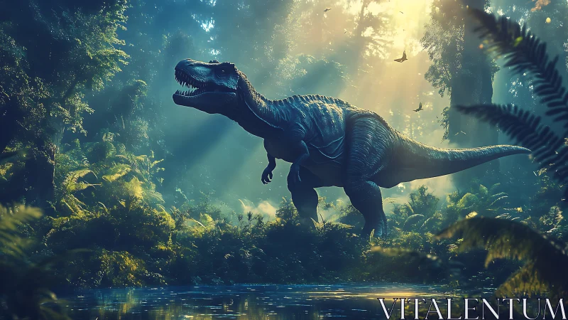 Tyrannosaurus rex rendered in dense prehistoric forest environment.