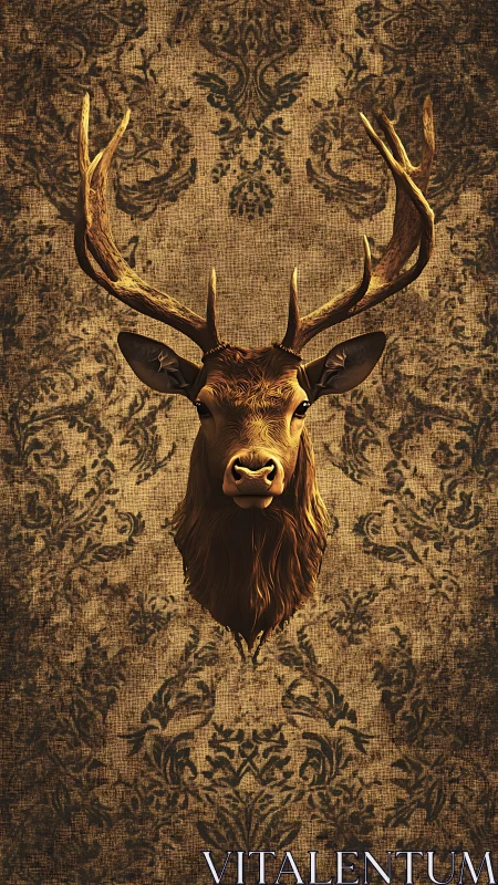 Stately stag portrait against richly patterned tapestry wall.