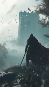 Lone armored knight confronts a mist-shrouded war-torn castle