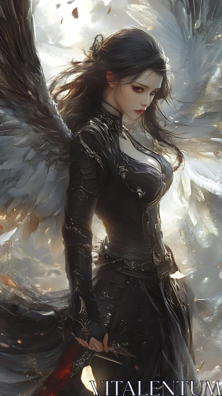 Dark winged warrior woman against luminous sky backdrop.