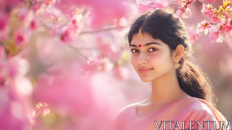 Young Indian woman in traditional attire among spring blossoms, soft focus.