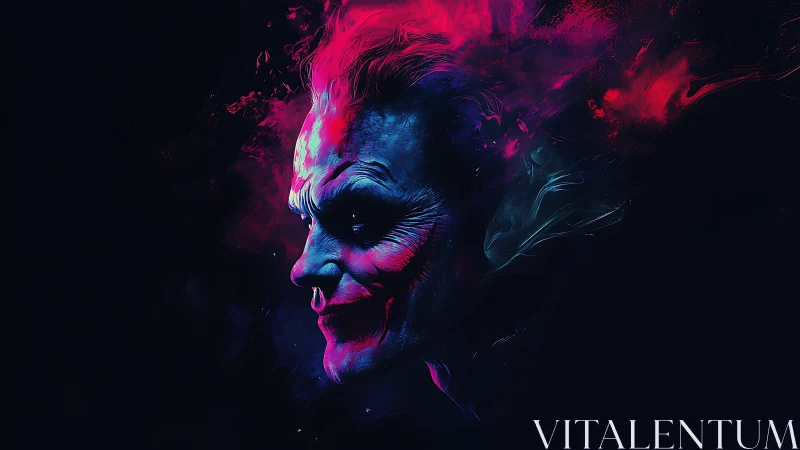 Profile of stylized clown face in neon color dispersion.