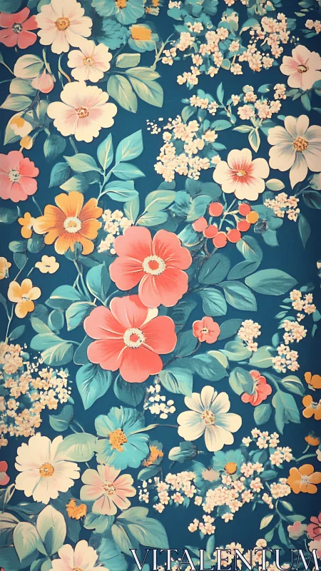Floral pattern with multicolored blooms on teal background
