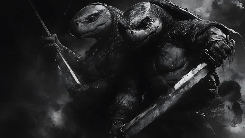 Dark warrior turtles with blades in monochrome stormscape.