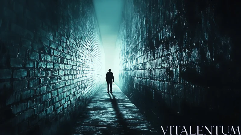 Backlit silhouette in narrow wet brick alleyway at night