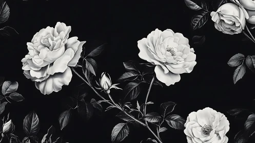 Moonlit Garden: Elegant White Roses in Darkness.