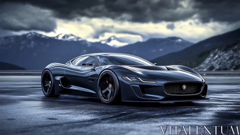 Midnight sports car poised on a dramatic mountain highway.