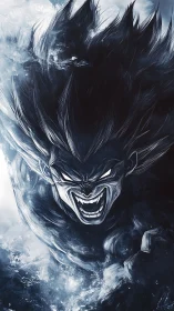 Fierce anime warrior racing forward in crackling blue energy.