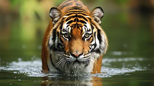 River-stalking tiger locks its golden gaze on the wild.