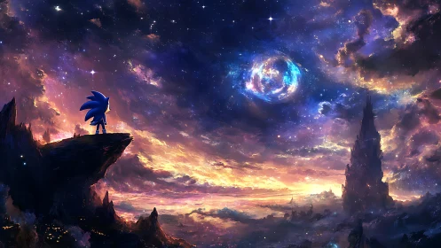 Stargazing speedster atop cosmic cliffs at pastel dawn.