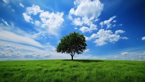 Lone Tree on Green Hill Under Blue Sky, Serene Landscape Photo.