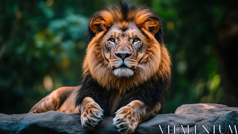 Regal lion rests on sunlit rock in dense forest clearing.