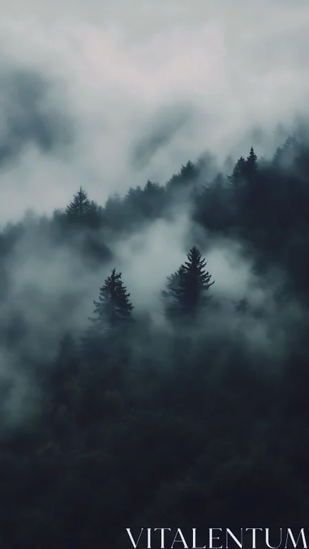 Misty evergreen forest rises through deep blue morning fog