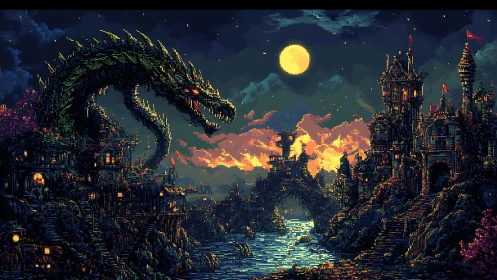 Moonlit pixel dragon curls over twin castles at river’s edge