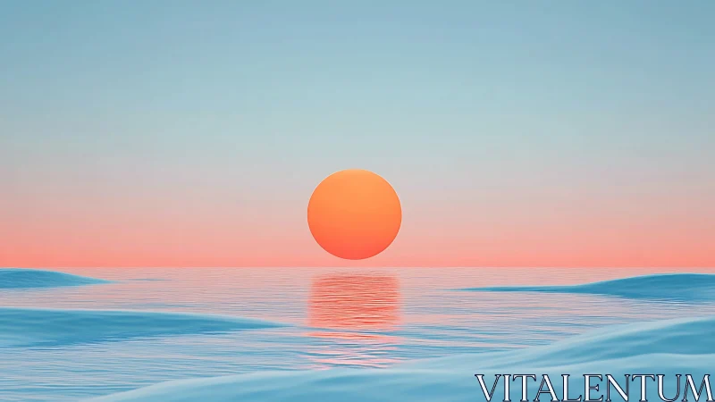 Minimalist pastel seascape with central sun and soft volumetric light