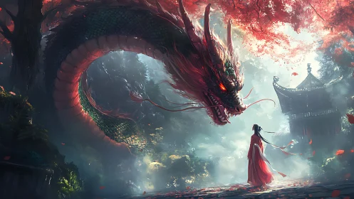 Dragon confronts robed woman in misty red forest clearing