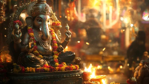 Gentle Ganesha amid garlands, glow, and festival light.