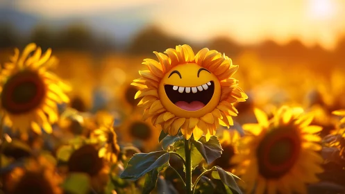 Smiling emoji sunflower glows in golden sunset field.