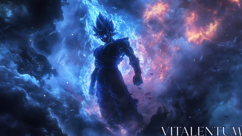 Starlit warrior strides through colliding nebula firestorms