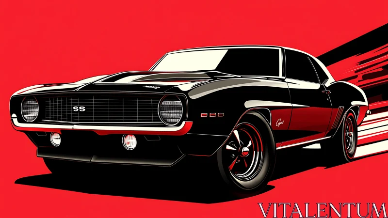 Black muscle car illustration on bold red background.