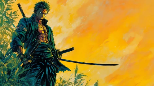 Sword-bearing figure stands before saturated orange sky