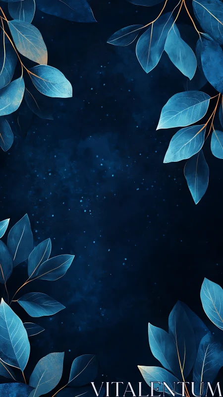 Blue botanical leaves form a decorative frame on dark space