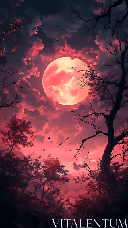Red full moon over dense forest with silhouetted branches.