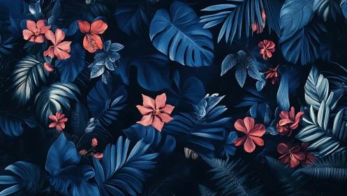 Tropical Floral Pattern with Coral Blooms on Navy Background