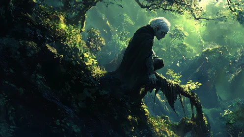 Mysterious forest wanderer pausing in a glowing green world.