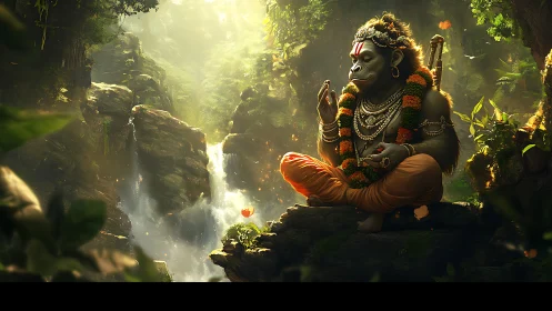 Simian deity figure sits in lotus posture near forest waterfall