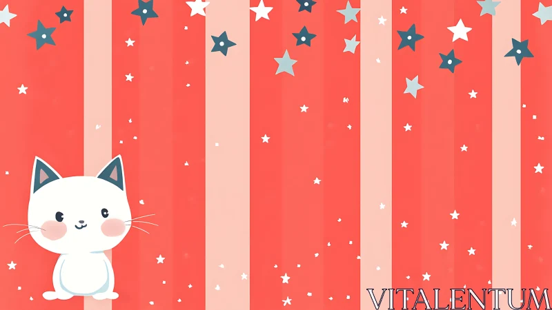 White cat figure with teal ears displayed against coral and beige striped field.