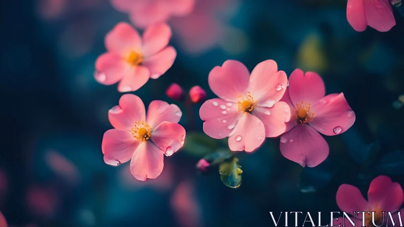 Pink Blossoms in Motion: Macro Photography with Dew Droplets.