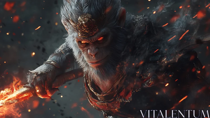 Fire-eyed monkey warlord leans into battle with blazing staff